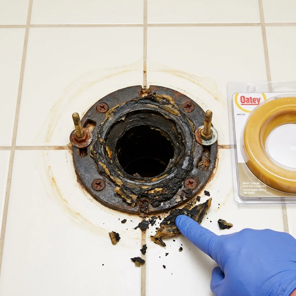Failed wax ring showing water seepage at the base of a toilet in a Peapack, NJ home