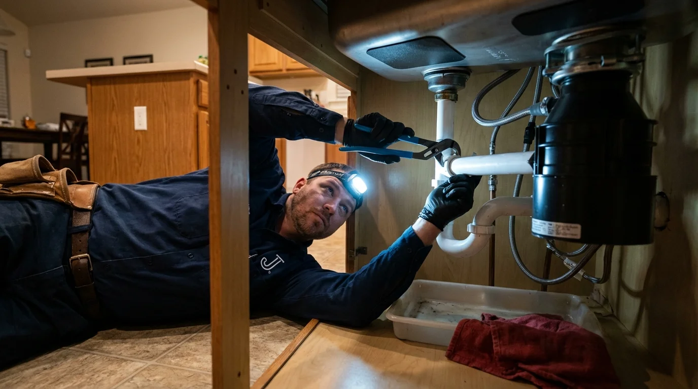 P-trap and supply line connections under a kitchen sink showing a common leak point in Peapack, NJ